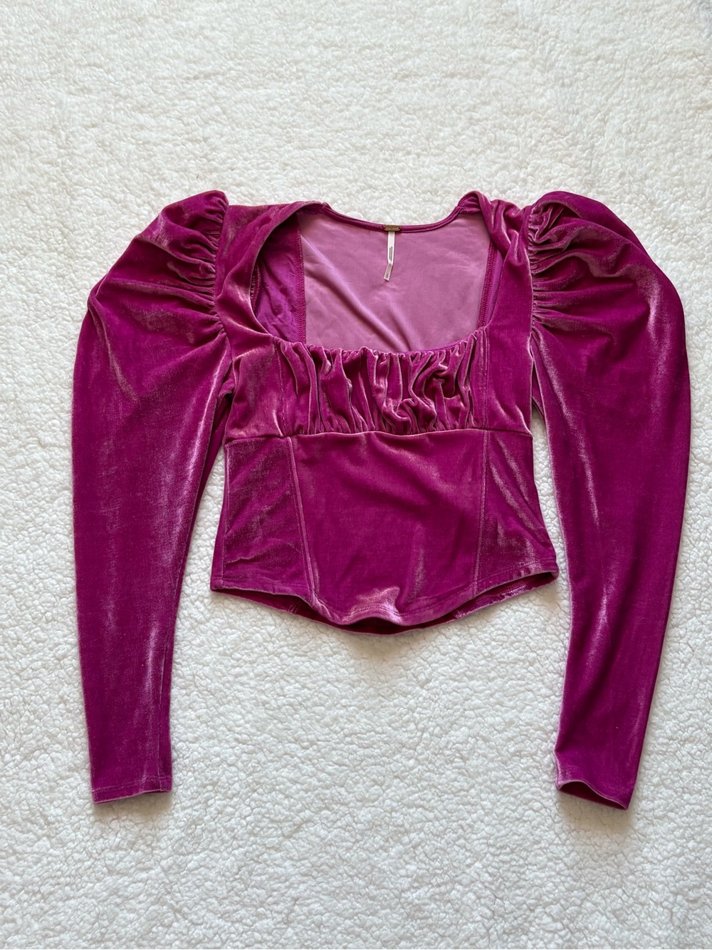Free People Pink Velvet Puff-Sleeve Square Neck Long Sleeve Top